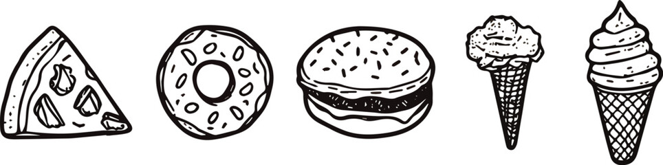 Hand-drawn vector illustration of fast food snacks including pizza slice, donut, iced donut, ice cream cone, and soft serve ice cream, perfect for menu design, food blogs, packaging, or restaurant