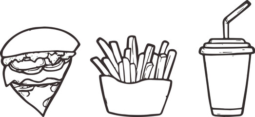 Fast Food Combo Meal Vector Illustration Burger Fries and Drink Hand Drawn Doodle Sketch Unhealthy Eating Junk Food Restaurant Menu Design Element Isolated on White Background Fastfood Icon Symbol