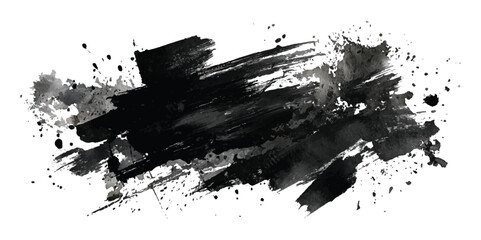 Black paint brush stroke creating a dark artistic shape on transparent background, Abstract brushstroke art in black and white with textured paint swirls