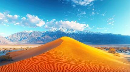 Fototapeta na wymiar Desert dune with snowy mountains. Sunny day