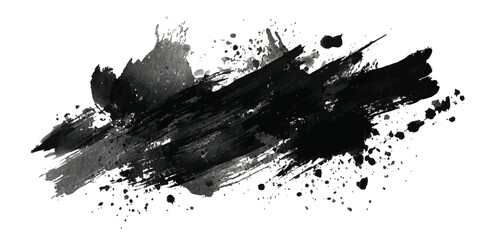 Black paint brush stroke creating a dark artistic shape on transparent background, Abstract brushstroke art in black and white with textured paint swirls