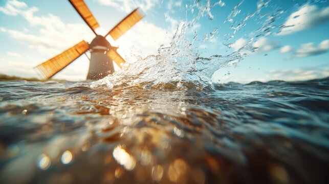 A picturesque view of a charming windmill surrounded by water, capturing the serenity of nature as droplets splash gracefully, representing tranquility and rural simplicity.