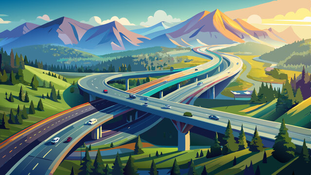 A stunning drone shot of a highway interchange surrounded by lush greenery and mountains. The morning mist creates a scenic atmosphere, highlighting the road structure and smooth traffic flow Very bea