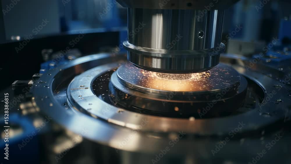 Poster robotic machinery processing metal component, generating bright sparks while demonstrating precision