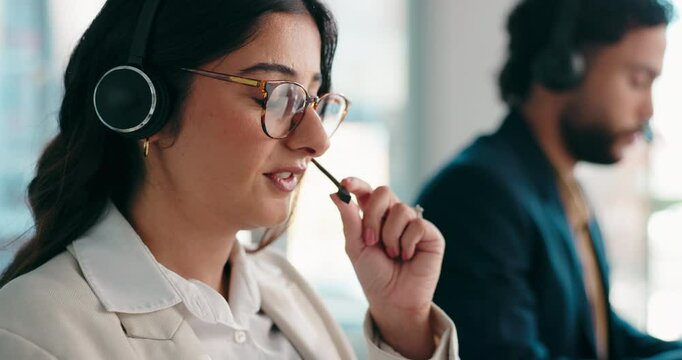 Call center, woman and customer support in office with crm, communication and online consultant. Contact us, headset and technical service help with agent, coworking and hotline for operator advice