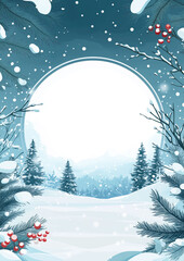 serene snowy winter landscape with pine trees and festive berries framed in a circular illustration for seasonal or holiday themes