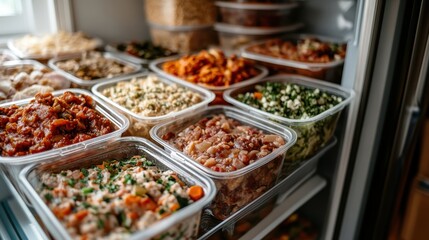 This image showcases a well-organized refrigerator filled with an array of colorful meal prep dishes, highlighting healthy eating and efficient meal planning.