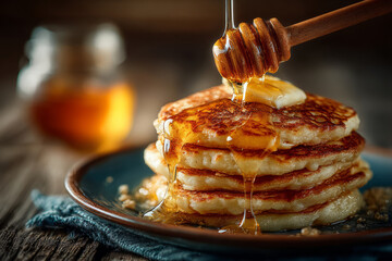 Pancakes stacked with honey and butter on rustic plate