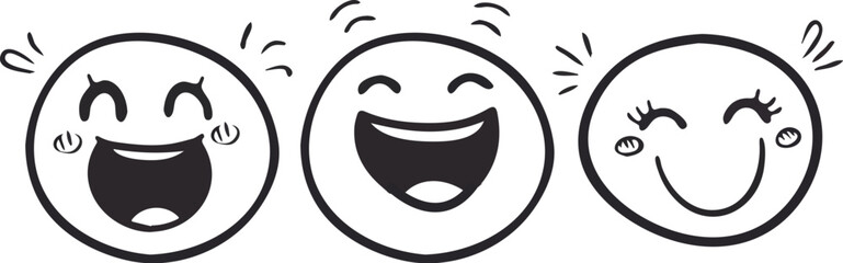 Hand drawn vector illustration of three happy laughing emoji faces with different expressions joy happiness laughter fun cute cartoon doodle isolated on white background ideal for social media
