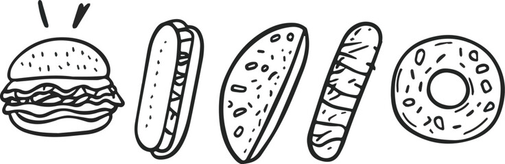 Hand Drawn Fast Food Icon Set Vector Illustration Burger Hot Dog Sandwich Taco Donut Doodle Sketch Style Design Menu Restaurant Cafe Bistro Culinary Snack Unhealthy Eating Isolated White Background