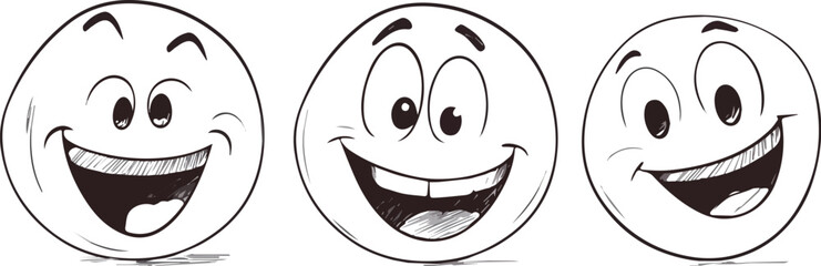 Hand-drawn laughing emoji vector set happy face illustration sketch doodle style emoticon collection positive cheerful emotion icon design for social media chat message comment feedback rating review