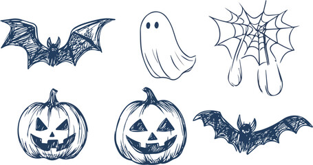 Fototapeta premium Halloween Vector Pack Spooky Icons Bats Ghosts Pumpkins and Spiderweb Illustrations for Creepy Festive Designs Dark Arts Gothic Horror Themes Occult Symbolism and Halloween Decorations Clip Art Set