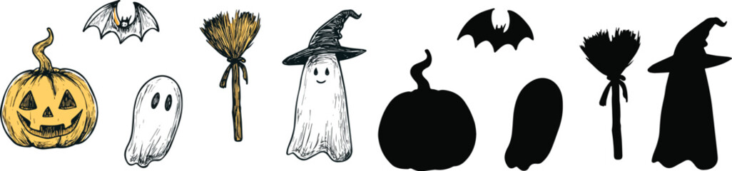 Halloween vector elements set Hand drawn pumpkin ghost witch hat broom and bat silhouettes Isolated holiday spooky creepy design elements for greeting cards invitations posters prints decoration