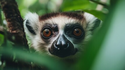 Obraz premium A close-up image of a lemur's curious face peeking through lush tropical leaves, showcasing the beauty and intrigue of wildlife in a natural habitat.