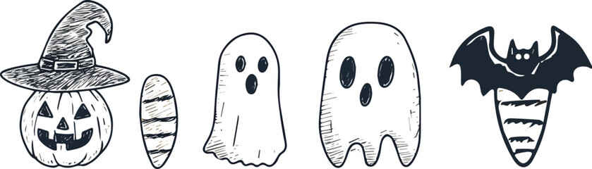 Halloween Vector Illustration Set with Pumpkin Witch Hat Candy Corn Ghosts and Bat Spooky Festive Design Elements for Cards Invitations and Decorations Hand Drawn Doodle Style Graphics Isolated