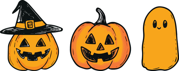 Halloween Vector Illustration Set with Jack o Lantern Pumpkin wearing Witch Hat Carved Pumpkin and Cute Ghost Isolated on White Background for Halloween Party Decoration Greeting Card Invitation