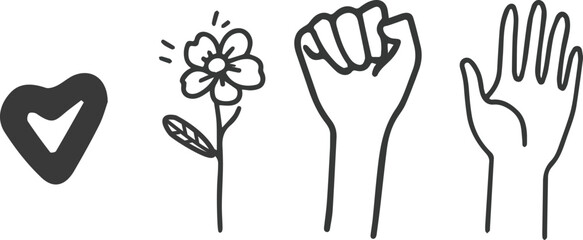 Hand drawn vector illustration of heart flower fist and open hand gestures isolated on white background love peace and fight for rights concept doodle style vector illustration