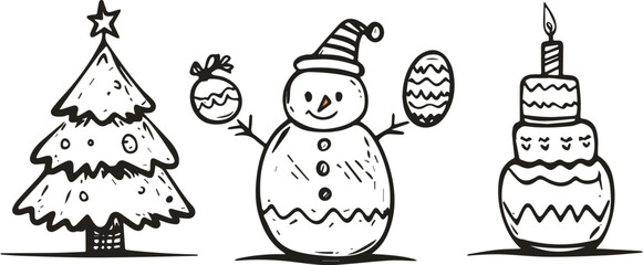 Christmas Tree Snowman and Birthday Cake Festive Vector Illustration Hand Drawn Doodle Style Winter Holiday Celebration Design Elements Isolated on White Background Ideal for Greeting Cards
