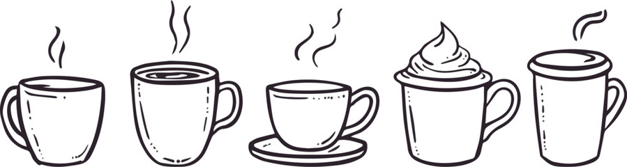 Five hand drawn vector coffee or tea cups mugs with steam and whipped cream hot drinks doodle illustration isolated on white background for cafe menu or coffee shop logo design elements