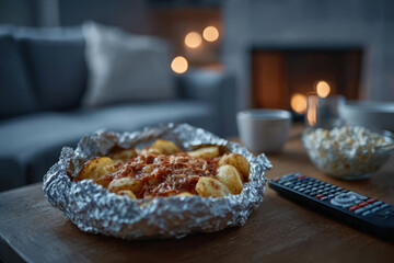 Homemade meal and popcorn ready for cozy movie night