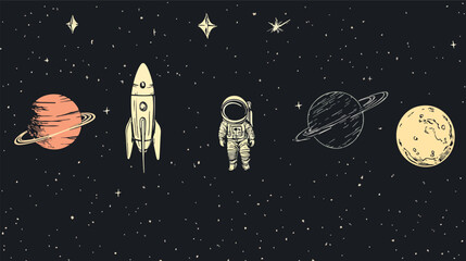 Space Exploration Vector Illustration with Astronaut Rocket Planets and Stars Ideal for Space Travel Science Fiction and Astronomy Projects Posters Wall Art and Educational Materials © Hoody Baba
