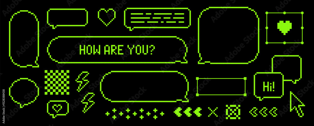Poster pixel art empty retro dialog box. set of speech bubbles on black. chat balloon, thought cloud for te