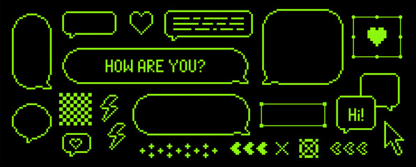 Pixel art empty retro dialog box. Set of speech bubbles on black. Chat balloon, thought cloud for text message, game interface, streaming overlay, social media. 8 bit acid green communication elements