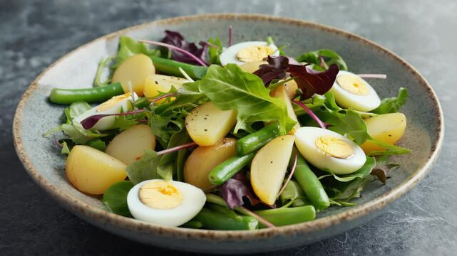 A bowl of salad with potatoes, beans, and eggs