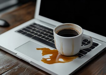 Open Laptop with Coffee Spilling from Cup on Dark Clean Desk &ndash; Close-Up with Blurred Background Emphasizing Spill