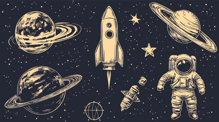 Space Vector Pack astronaut rocket planets stars spaceman universe galaxy solar system exploration adventure cosmos celestial science fiction fantasy vintage retro monochrome hand drawn engraved © Hoody Baba