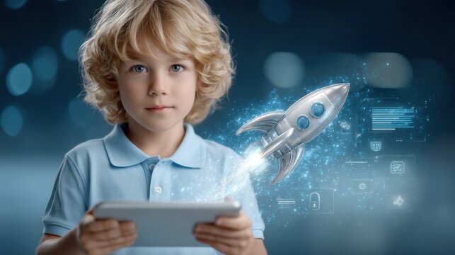 Futuristic learning boy engaging with holographic technology - Powered by Adobe