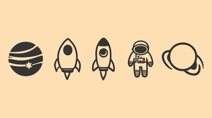 Space Travel Icons Set Planet Rocket Astronaut Galaxy Exploration Universe Adventure Cosmos Spaceship Vector Illustration Graphic Design Clipart Silhouette Doodle Cartoon Simple Minimalist Modern
