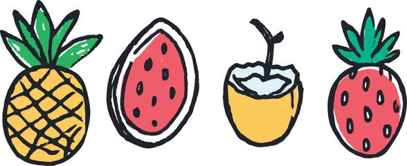 Fototapeta premium Hand Drawn Doodle Fruits Set Pineapple Watermelon Coconut Strawberry Tropical Summer Fruits Illustration Vector Graphic Design Element Isolated on White Background for Food Menu Decoration Restaurant