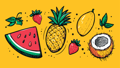 Set of summer tropical fruits vector illustration pineapple watermelon coconut strawberry and papaya with yellow background healthy food doodle art for banner poster menu or social media post