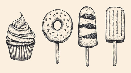 Set of vector desserts cupcake donut popsicle ice cream sketch vintage style hand drawn illustration isolated objects fast food sweet treats design elements for menu cafe restaurant packaging posters