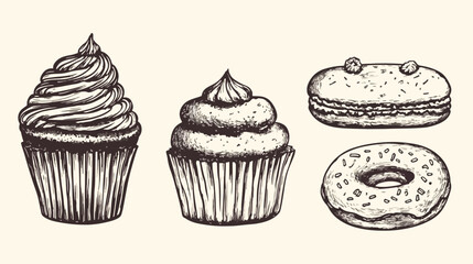 Hand-drawn vector illustration of sweet treats cupcake muffin donut and macaroon sketch style dessert food illustration for menu cafe or restaurant design vintage engraving style confectionery