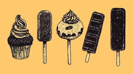 Hand-drawn vector illustration of sweet treats including cupcake, ice cream, donut, and chocolate bar on a stick, ideal for menu design, bakery logos, cafe branding, dessert shop packaging