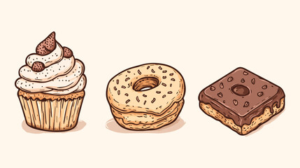 Set of Sweet Pastries Vectors Cupcake Donut and Brownie Chocolate Dessert Icons Illustration Pastry Shop Bakery Menu Cafe Food Sweet Treats Doodle Sketch Drawing Clipart Graphics Design Elements