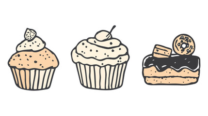 Set of cute hand drawn vector desserts cupcakes muffin cake donut chocolate vanilla cherry sweet food bakery menu cafe restaurant doodle illustration isolated elements minimalist style trendy design