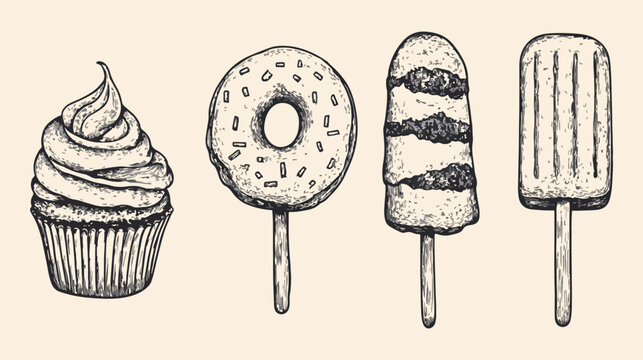 Set of vector desserts cupcake donut popsicle ice cream sketch vintage style hand drawn illustration isolated objects fast food sweet treats design elements for menu cafe restaurant packaging posters