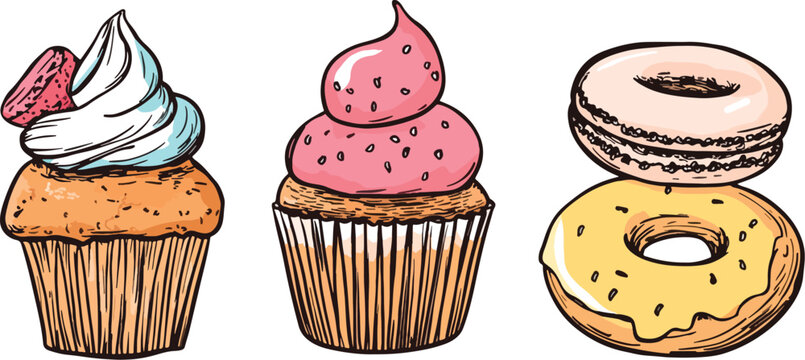 Set of vector desserts cupcakes with cream and strawberry donut with glaze and macaroon sweet pastries menu design elements for bakery cafe or restaurant hand drawn sketch illustration isolated