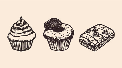 Hand-drawn vector illustration of cupcake, muffin, and brownie isolated on beige background Sweet treats, bakery products, dessert, pastry shop, cafe, menu, recipe book, birthday party concept