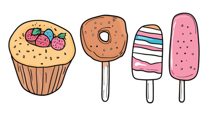 Set of sweets and desserts vector illustration muffin with berries bagel on stick ice cream and popsicle isolated clipart graphic design elements for menu cafe restaurant sticker bakery summer food