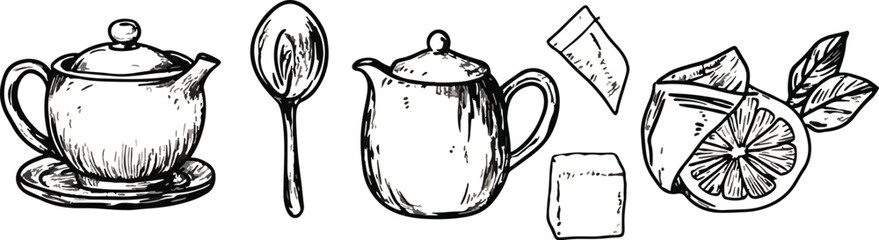 Hand-drawn Tea Set Vector Illustration Teapot Spoon Teabag Sugar Cube Lemon Slice and Mint Leaves Black and White Sketch for Cafe Menu Packaging Design or Recipe Book Decoration