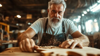 An experienced craftsman with a beard focuses on his woodworking project in a rustic workshop, highlighting the beauty of craftsmanship and dedication.