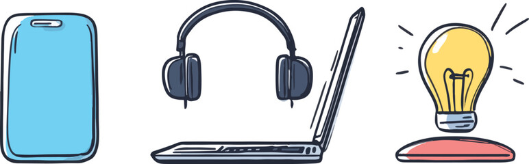 Mobile phone laptop with headphones and glowing light bulb vector illustration set hand drawn doodle style isolated elements creativity concept modern technology online education internet learning