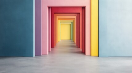 Fototapeta premium An artistic perspective of multiple colorful archways aligned in a corridor, creating a stunning visual effect that draws the viewer's eye toward the central point.