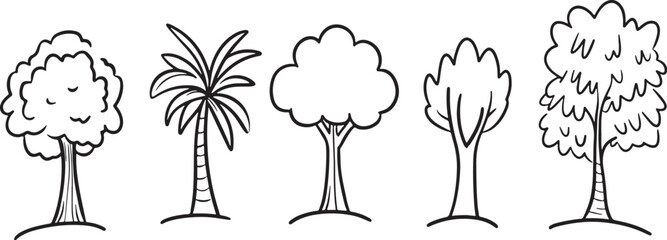 Five simple doodle trees vector illustration graphic black and white line art drawing nature plant forest jungle woodland botany environment ecology landscape park outdoor garden botanical stem