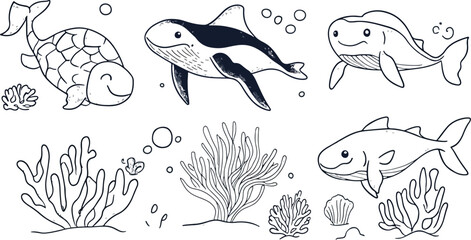 Cute Sea Animals Vector Illustration Set Turtle Whale Shark Fish Coral Reef Underwater Ocean Marine Life Doodle Cartoon Style Black and White Coloring Page Design Element Isolated on White Background