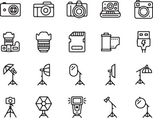 photography, camera, icon, icons, set, collection, equipment, accessories, lens, flash, tripod, studio, lighting, vector, illustration, graphic, design, outline, monochrome, black and white, digital c